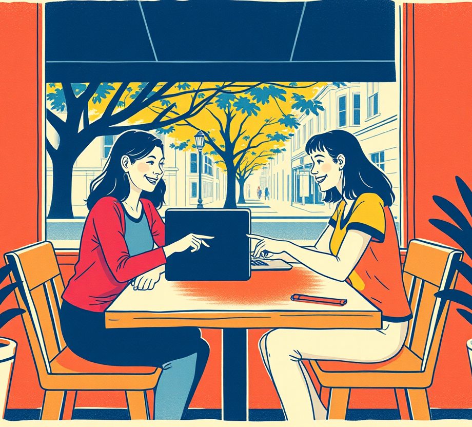 Illustration: two people at a cafe table sharing a laptop, one pointing at the screen.