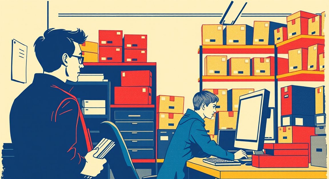 Illustration: a person with a notebook sits quietly behind a worker at a computer in a small workshop office, watching how the work is done.